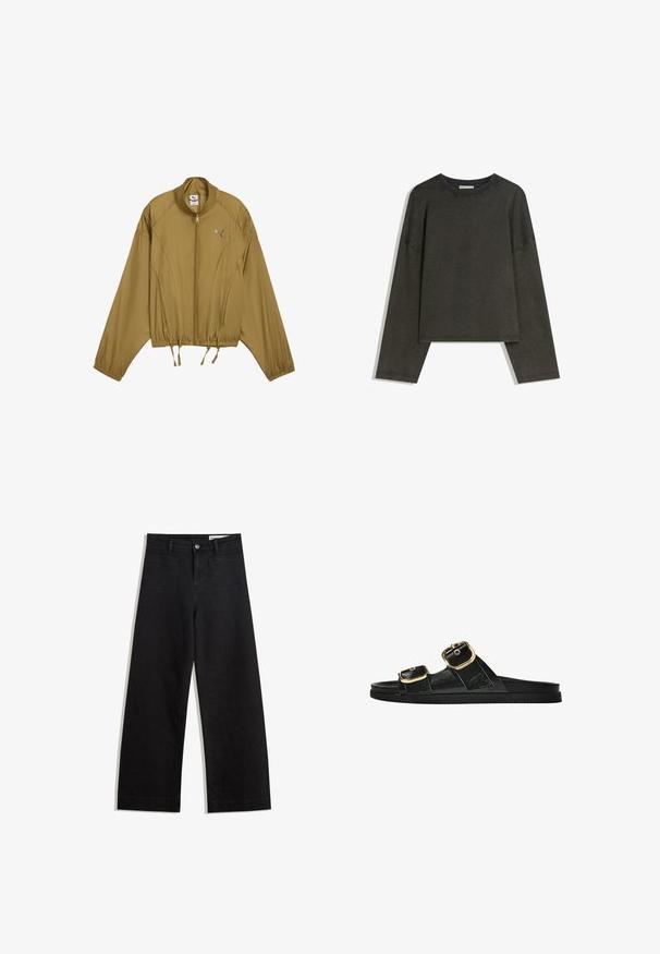 Veste zippée marron clair avec taille et poignets élastiques, col montant et logo Puma sur la poitrine gauche.; Haut à manches longues gris foncé en tissu mélangé coton. Forme oversize avec un col rond et des épaules basses, présentant des coutures visibles.; Pantalon en denim noir à jambes larges avec une taille haute, comprenant des poches avant et arrière, des coutures piquées et une fermeture à bouton. Texture lisse.; Sandale noire à glissière avec deux accents de boucle en or, en matériau lisse, semelle plate et design minimaliste.