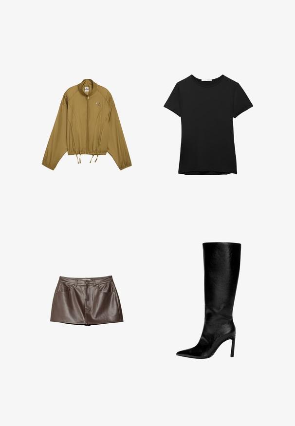 Jasnobrązowa kurtka zapinana na zamek z elastycznym pasem i mankietami, wysoka kołnierz oraz logo Puma na lewym piersi.; Czarny t-shirt z krótkim rękawem wykonany z gładkiego materiału. Posiada okrągły dekolt i luźny krój z prostym wykończeniem hemu.; Brąskowa skórzana mini spódnica z gładką fakturą, szlufkami na pasek, przednimi kieszeniami i zapięciem na guzik w talii.; Czarna skórzana kozaczka za kolano z ostrym noskiem, wysokim obcasem typu stiletto, gładkim wykończeniem i prostym, eleganckim designem bez ozdób.