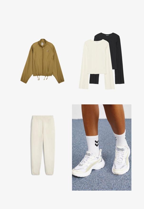 Chaqueta de color marrón claro con cremallera, cintura y puños elásticos, cuello alto y logo de Puma en el lado izquierdo del pecho.; Conjunto de dos camisetas de manga larga en blanco y negro. Textura acanalada, cuello redondo, diseño ajustado con mangas ligeramente acampanadas.; Pantalones de chándal beige claro hechos de un tejido suave, con una cintura elástica, puños en los tobillos y un pequeño logo blanco en el lado.; Zapatillas blancas con acentos plateados, fabricadas en material de malla, y un diseño voluminoso. Combinadas con calcetines blancos que presentan patrones de chevron en negro.