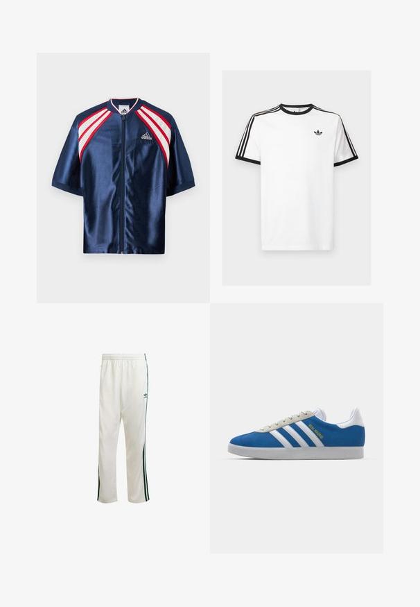 Casaco atlético de satin azul-marinho com mangas curtas, apresentando malha branca e detalhes vermelhos nos ombros, fecho com zip e logótipo da Adidas no peito.; T-shirt de algodão branco com decote e mangas caneladas pretas, apresentando três riscas pretas em cada ombro e um pequeno logotipo no peito.; Calças de desporto brancas com riscas verdes laterais, faixa elástica na cintura e um logótipo no lado superior esquerdo. Feitas de um tecido leve.; adidas Originals ADIDAS GAZELLE SHOES - Botas de futebol de salão - real madrid/bluebird/footwear white/crew yellow