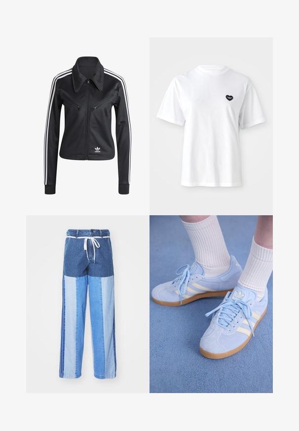 Casaco preto com fecho éclair, feito de tecido liso, apresentando riscas brancas nas laterais, dois bolsos no peito com fecho éclair e um colarinho, com o logo da Adidas.; T-shirt branca de manga curta feita de algodão, apresentando um pequeno logótipo em forma de coração preto na área do peito esquerdo.; Calças de ganga azuis com um design em patchwork com diferentes tons de azul, cintura com cordão e pernas largas de corte reto.; Sapatilhas de camurça azul claro com riscas brancas, atacadores planos e sola em borracha de goma. Meias brancas estriadas são usadas acima do tornozelo.