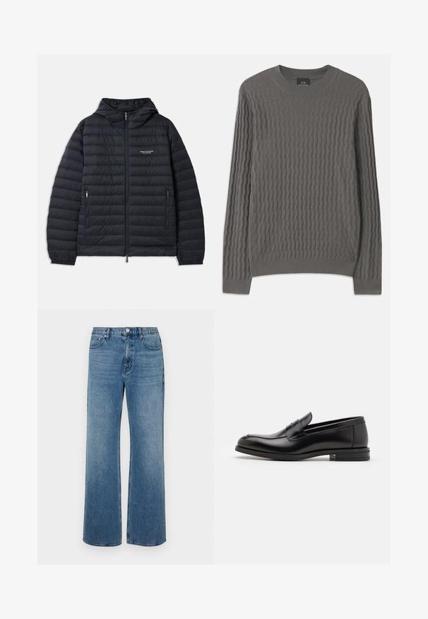 Črna puhovka z kapuco, ki ima horizontalno prešito zasnovo, sprednje zadrgo in dve stranski žepki z zadrgami.; Armani Exchange Pulover - dark gull zig zag; Modri široki jeans iz denima z izbledelim zaključkom. Imajo pet žepov, sprednje zapiranje na gumb in ravno krojenje.; Črne usnjene loafer čevlje z gladko teksturo, zaobljenim nosom in dekorativnim trakom čez zgornji del. Nizka zložena peta, minimalističen dizajn.