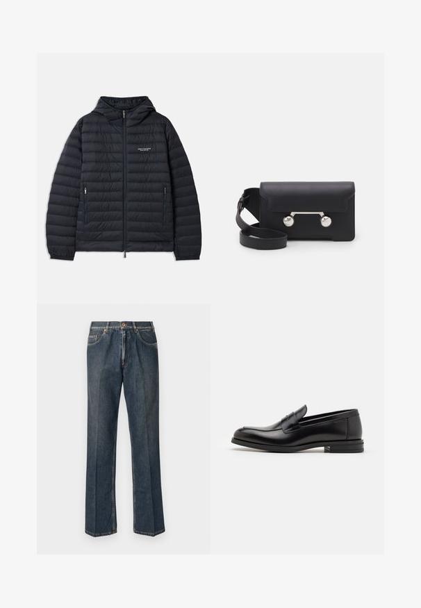 Sort pufferjakke med hætte, med horisontalt quiltet design, lynlås foran og to sidelommer med lynlåse.; Kremfarvet strikket sweater med polo-krave, ribbede mansjetter og kant, med en frontplacket og blød tekstur.; Mørkeblå lige ben denim jeans med frontknap, lynlås, dobbelte forlommer og synlige lodrette folder ned langs benene.; Sorte læderloafers med en glat overflade, rund tå og en dekorativ strop over vampen. Lav hæl med stabeldesign, minimalistisk stil.; Sort læder crossover taske med klaplukning, sølvfarvet hardware og to runde accenter. Har en aftagelig rem. Glat tekstur.