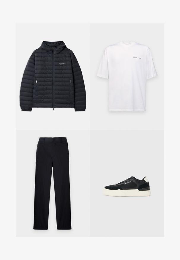 Casaco puffer preto com capuz, apresentando um design acolchoado horizontal, fecho frontal com zip e dois bolsos laterais com fecho a zip.; T-shirt branca de manga curta em algodão com decote em V, apresentando um logótipo preto "FILLING PIECES" impresso do lado esquerdo.; Calças pretas com um tecido leve e texturizado, design de pernas retas, cintura elástica e bolsos laterais com fecho.; Sapata preta feita de malha e couro, apresentando uma sola branca grossa e detalhes contrastantes. Cadarços e detalhe do logótipo na lateral.