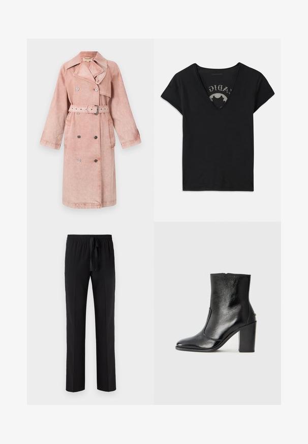 Roze denim trenchcoat met een riem, dubbelgeknoopte knopen, grote kraag en zijzakken. Heeft een zachte textuur en een relaxte pasvorm.; Zwarte t-shirt met korte mouwen en een diepe V-hals, met een mesh paneel en een gedrukt ontwerp op de binnenlaag. Zachte, ademende stof.; Zwarte broek met een elastische tailleband en verstelbaar trekkoord, met een rechte pasvorm en een gladde textuur. Geen patronen of accenten.; Zwarte leren enkelboot met een gladde textuur, spitse neus en een gedurfde hoge hak. Beschikt over een zijopening en een minimalistisch ontwerp.