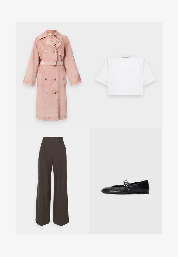Ružičasti traper kaput s remenom, dvostrukim dugmadi, velikim ovratnikom i bočnim džepovima. Ima mekanu teksturu i opušteni kroj.; Skraćena bijela majica od mekog materijala, s kratkim rukavima, okruglim izrezom i rebrastim detaljima na rubu. Jednostavan i neukrašen dizajn.; Tamno smeđi hlače širokih nogavica s visokim strukom, s uredno peglanim naborima, glatkom teksturom i krojem koji dobro pristaje.; Crne kožne baletanke s špicastim nosom, s remenom s okruglom metalnom kopčom i ravnim potplatom.