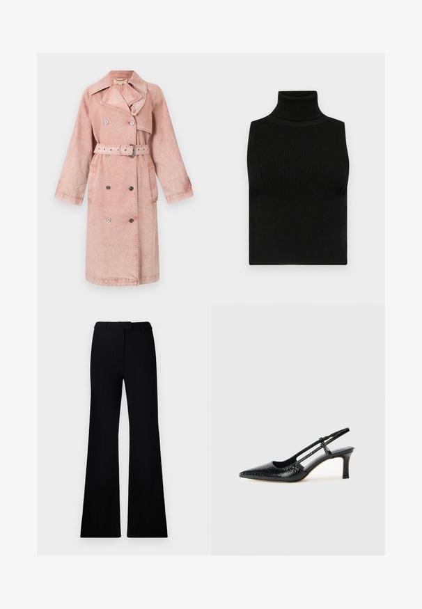 Pink denim trench coat with a belt, double-breasted buttons, large collar, and side pockets. Features a soft texture and relaxed fit.; Black sleeveless turtleneck top with ribbed texture and fitted design. Smooth fabric with a high neck and no additional embellishments.; Black flared pants featuring a smooth texture, tailored waistband, and front pockets, designed with a sleek, modern silhouette.; Black patent slingback heel with a pointed toe, featuring textured snake print, adjustable strap, and a short, textured block heel.