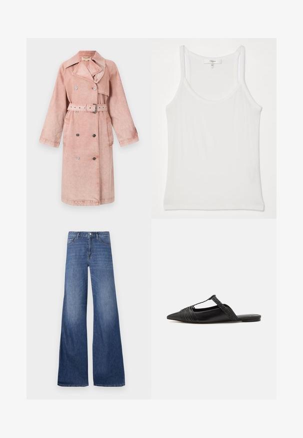 Trench coat din denim roz cu o curea, nasturi dubli la front, guler mare și buzunare laterale. Are o textură moale și o croială relaxed.; Top alb fără mâneci, fabricat dintr-un material moale, cu textură ribbed; are bretele subțiri și un decolteu rotund, eticheta spune "FRAME."; Blugi cu picioare largi, de culoare albastru mediu, cu cinci buzunare, curea pentru brâu și închidere cu nasture. Textură netedă cu o ușoară decolorare.; Pantofii din piele neagră cu curea la spate au vârful ascuțit, prezentând un accent țesut și un design superior pliat. Talpa joasă cu hardware minim.