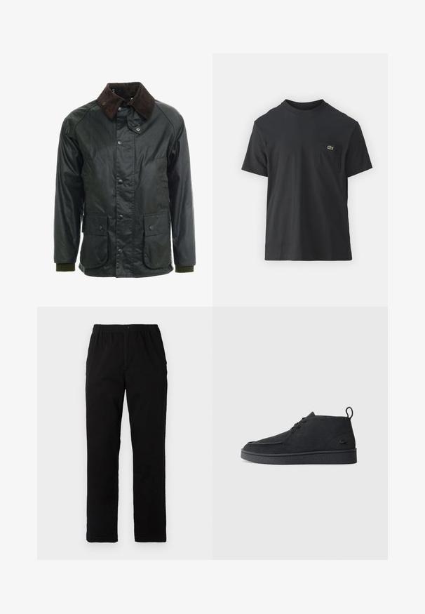 Tmavě zelená nepromokavá bunda s hnědým manšestrovým límcem. Obsahuje patentky, dvě přední kapsy a žebrované manžety. Hladký povrch.; Černé bavlněné tričko s krátkým rukávem, kulatým výstřihem a malým zeleným logem na levé kapse. Jednoduchý design, klasický střih.; Černé kalhoty vyrobené z bavlněné směsi, s rovný střih, elastickým pasem s knoflíkem a bez viditelných vzorů či akcentů.; Černé semišové kotníkové boty na šněrování s poutkem a texturovanou podrážkou, s malým reliéfním krokodýlím logem na boku.