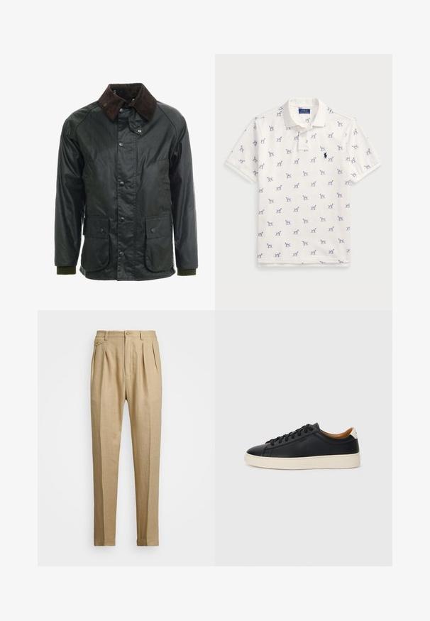 Dark green waterproof jacket with a brown corduroy collar. Features snap buttons, two front pockets, and ribbed cuffs. Smooth texture.; White polo shirt made of cotton, featuring a repeated blue dog pattern and a small blue logo on the chest. Short sleeves and collar.; Beige linen trousers with a straight cut, featuring two front pleats, a button closure, and side pockets. Textured fabric with a smooth finish.; Black leather sneakers with a smooth texture, beige rubber sole, lace-up design, and a contrasting heel accent.