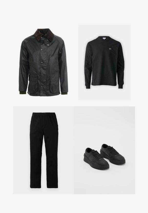 Tmavě zelená nepromokavá bunda s hnědým manšestrovým límcem. Obsahuje patentky, dvě přední kapsy a žebrované manžety. Hladký povrch.; Černé dlouhé rukávy triko vyrobené z bavlny, s kulatým výstřihem a malým zeleným vyšitým logem krokodýla na levé hrudi.; Černé kalhoty vyrobené z bavlněné směsi, s rovný střih, elastickým pasem s knoflíkem a bez viditelných vzorů či akcentů.; Černé tenisky vyrobené z hladké kůže s polstrovanou podrážkou. Mezi vlastnosti patří ploché tkaničky, perforace na špičce a elegantní silueta.