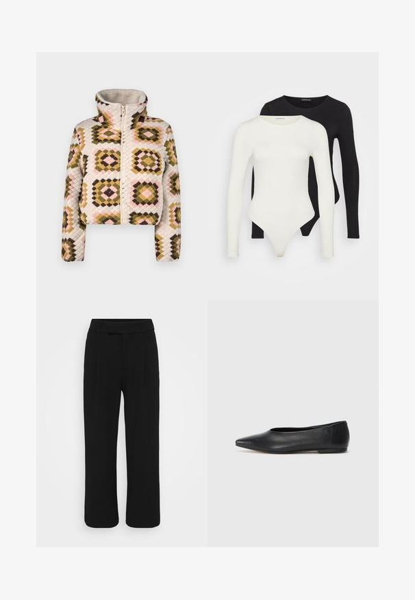 Jachetă scurtă cu fermoar, de culoare crem, cu un model texturat de patchwork, format din diamante în nuanțe de măslin, roz și brun. Guler înalt pentru o protecție suplimentară.; Două bodysuits cu mânecă lungă, unul alb și unul negru. Fabricate dintr-un material neted, cu decolteu rotund și fund tanga pentru o purtare confortabilă.; Pantaloni negri cu picioare largi, confectionati dintr-un material neted, avand un front plat, bucle pentru centura si fara buzunare vizibile. Design curat si bine croit.; Balerini din piele neagră, vârf ascuțit, design minimalist, textură netedă, toc de mică înălțime, fără hardware sau embellishments vizibile.