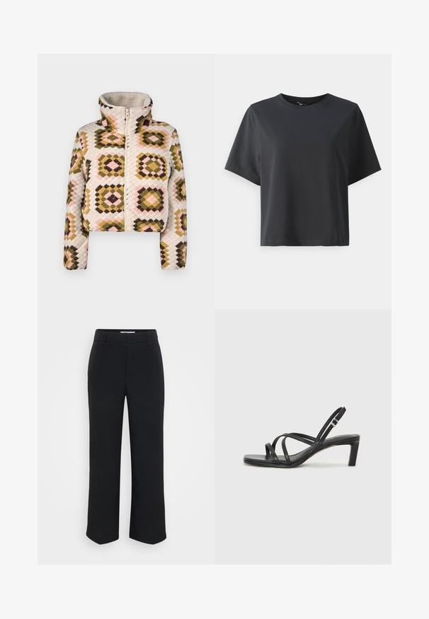 Cropped zip-up jacket in cream with a textured patchwork pattern in olive, pink, and brown diamonds. High neck for added coverage.; Black cotton t-shirt, short sleeves, crew neck, relaxed fit, smooth texture, simple design, no patterns or accents.; Black wide-leg trousers with a smooth texture, featuring a flat waistband and side pockets, designed with a minimalist aesthetic.; Black strappy sandal with a square toe and a low block heel. Features multiple thin straps and an adjustable ankle strap. Made of smooth leather.