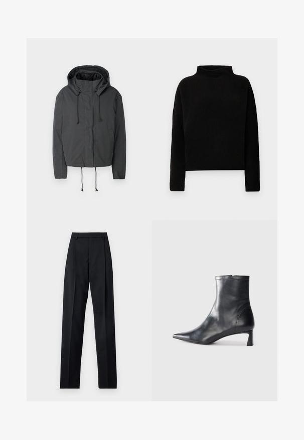 Čierna skrátená bunda s kapucňou, so sťahovacou šnúrkou a prednými vreckami. Vyrobená z hladkej, ľahkej tkaniny s minimálnou textúrou.; Čierny rolák vyrobený z mäkkej látky, s dlhými rukávmi a uvoľneným strihom, s minimálnymi švami a bez viditeľných ozdôb.; Čierne nohavice vyrobené z hladkej látky s vysokým pásom, širokými nohavicami, prednými záhybmi a klasickými pútkami na opasok. Žiadne bočné vrecká nie sú viditeľné.; Čierne kožené členkové topánky s špicatou špičkou a elegantným dizajnom. Majú nízky podpätok a zips na zadnej strane. Hladká textúra.