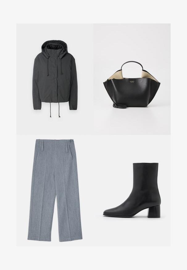Musta cropped-takki hupulla, kiristysnauhan suljenta ja etutaskut. Valmistettu sileästä, kevyestä kankaasta, jossa on minimaalinen rakenne.; Mustat pitkät hiharatoppi, joka on valmistettu pehmeästä kankaasta. Topissa on pyöreä pääntie ja rento istuvuus, jossa on sivuhalkiot helman kohdalla liikkumisen helpottamiseksi.; Vaaleanharmaat, leveälahkeiset housut, jotka on valmistettu tekstuurilla varustetusta kankaasta. Housuissa on kaksi etupurjeet ja kaksi sivutaskua. Siisti, räätälöity muotoilu.; Mustat nahkasaappaat nilkkakorkeudella, joissa on terävä kärki ja tukeva neliön muotoinen korko. Sileä pinta, saumaton muotoilu ja minimalistinen ommel.; Ree Projects ANN TOTE MINI - Käsilaukku - black