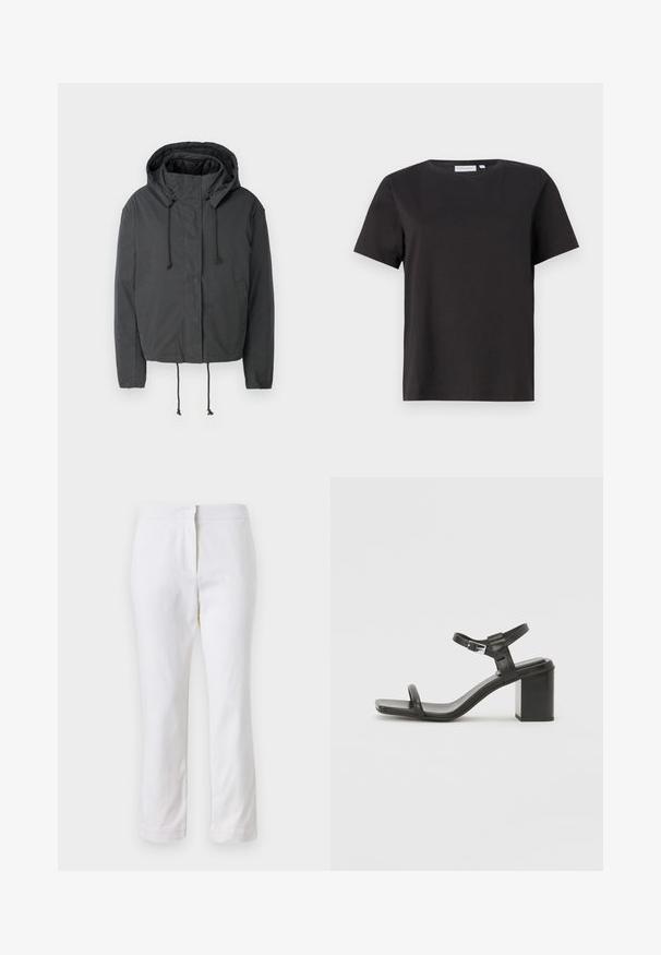 Czarna skrócona kurtka z kapturem, z zapięciem na sznurki i przednimi kieszeniami. Wykonana z gładkiego, lekkiego materiału o minimalnej teksturze.; Czarna bawełniana koszulka z krótkim rękawem, okrągłym dekoltem i prostym, eleganckim designem. Brak widocznych wzorów lub ozdób.; Białe bawełniane spodnie o prostym kroju nogawki, z średnim stanem, bez widocznych elementów metalowych czy wzorów. Gładka tekstura na całej powierzchni.; Czarne skórzane sandały na blokowym obcasie z szerokim paskiem na palcach i regulowanym paskiem na kostkę, o eleganckim, minimalistycznym designie.