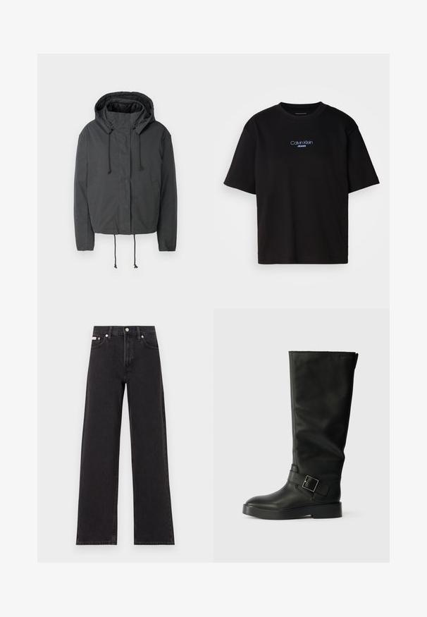 Czarna skrócona kurtka z kapturem, z zapięciem na sznurki i przednimi kieszeniami. Wykonana z gładkiego, lekkiego materiału o minimalnej teksturze.; Czarna bawełniana koszulka z okrągłym dekoltem, krótkimi rękawami i niebieskim haftowanym logo "Calvin Klein JEANS" z przodu.; Czarne dżinsy o szerokich nogawkach, wykonane z denimu, z wysokim stanem, pięcioma kieszeniami oraz metalowym zapięciem z kontrastowym szwem.; Czarne kozaki za kolano wykonane z gładkiej skóry, z okrągłym noskiem, grubą podeszwą i poziomym paskiem z prostokątną klamrą.