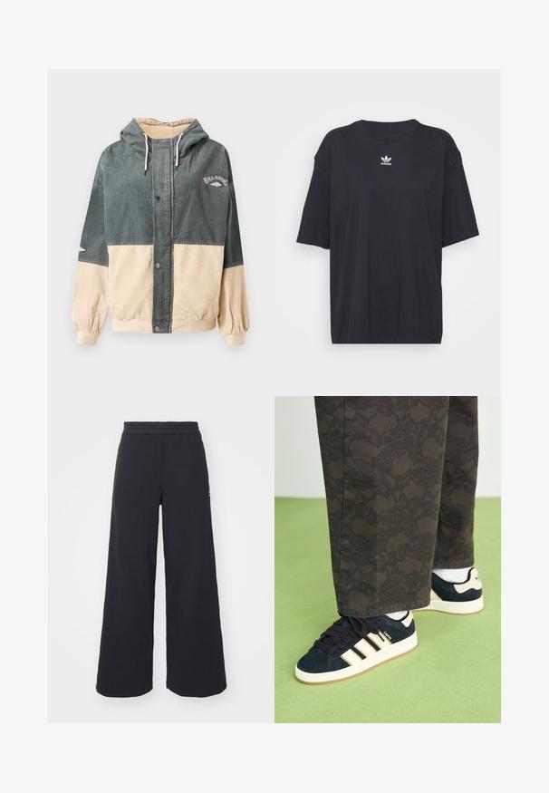Billabong SET THE TONE JACKET - Lengva striukė - multi; Juodas medvilnės marškinėliai trumpomis rankovėmis, apvaliu iškirpimu, su baltu Adidas logo ant krūtinės. Paprastas dizainas, laisvas kirpimas.; Juoda plačių kojų sportinė kelnė, pagaminta iš minkštos medžiagos, su elastinga juosmens juosta ir mažu logotipu kairėje pusėje.; Juodos ir raštuotos kelnės derinamos su tamsiai mėlynais zomšiniais sportbačiais, kurie turi kremines juosteles ir baltus padus. Paviršiai rodomi tekstūruoti ir lygūs.