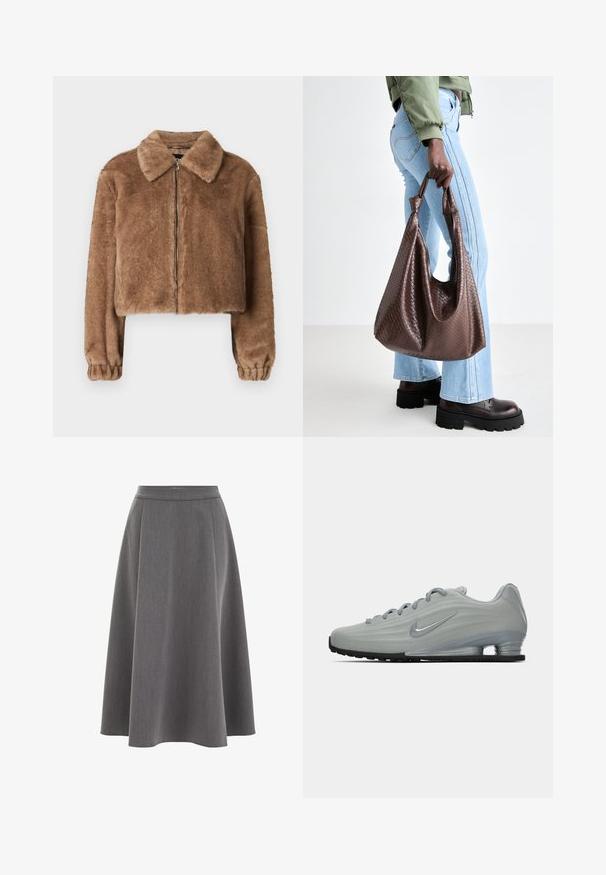 Giacca in pelliccia sintetica marrone con colletto, design corto, maniche lunghe, chiusura con zip e polsini elasticizzati. Texture morbida e finitura liscia.; T-shirt bianco oversize realizzata in morbido cotone. Caratterizzata da maniche corte, un colletto tondo e una vestibilità rilassata senza modelli o dettagli visibili.; Gonna A-line grigia con texture liscia, design plissé e vita aderente. Il tessuto sembra leggero e si drappeggia dolcemente.; Vista laterale di una sneaker Nike grigia chiara con lacci, logo swoosh e suola con ammortizzazione trasparente su uno sfondo neutro.; Borsa tote in pelle intrecciata marrone con manici annodati, portata da una persona in jeans blu chiaro e scarpe nere robuste. Superficie liscia e strutturata.
