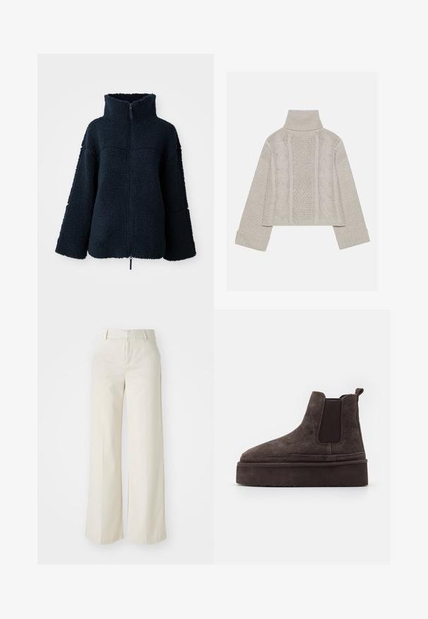 Tengerészkék, textúrázott gyapjúdzseki magas gallérral, teljes első cipzárral, hosszú ujjakkal és laza szabással.; Rövidített, világosszürke kötött pulóver magas gallérral és bordázott mandzsettákkal, hátul és az oldalakon texturált sodrott mintákkal.; Világos bézs színű, széles lábú nadrág, sima anyagból készült. Klasszikus derékrésszel és lapos elülső résszel, letisztult vonalakkal rendelkezik.; Barna nubuk Chelsea csizma elasztikus oldalsó panelekkel és vastag, textúrázott talppal. A saroknál található húzófül megkönnyíti a felhúzást.