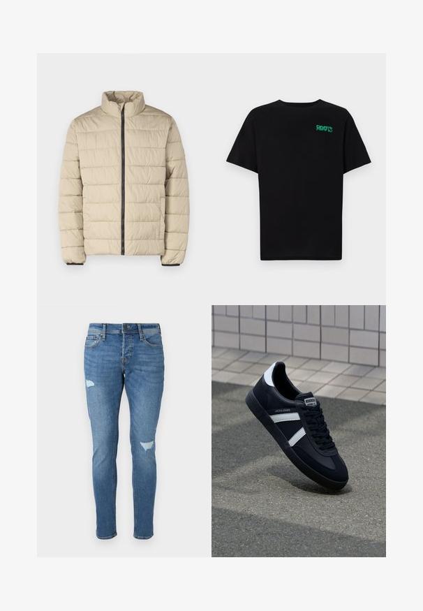 GAP LOGO - Lengva striukė - perfect khaki; Juodas medvilninis marškinėliai trumpomis rankovėmis. Priekyje yra žalias „ROOTS“ logotipas, apvalus iškirpimas ir standartinė prigludimo forma.; Išblukę mėlyni džinsai su siauru siluetu, turintys pažeistas vietas ant kelių, mygtuko uždarymą ir penkių kišenių dizainą.; Juodas odinis sportinis batelis su baltais dryžiais, tekstūruota gumine padais ir raišteliais priekyje. Yra prekės ženklą žymintis etiketė ant liežuvio.