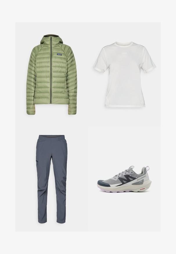 Patagonia - Kurtka puchowa; Biała koszulka sportowa z krótkim rękawem, wykonana z siateczkowego materiału, z okrągłym dekoltem i małym logo "Salomon" umieszczonym na środku klatki piersiowej.; Szare spodnie treningowe z elastycznym pasem, dwoma przednimi kieszeniami i kieszenią błyskawiczną z boku. Gładka tekstura i zwężany krój.; Tenisówki biegowe Salomon w kolorze szarym i granatowym mają oddychającą siateczkę na cholewce, gumowy czubek oraz teksturowaną podeszwę z lawendowymi akcentami.