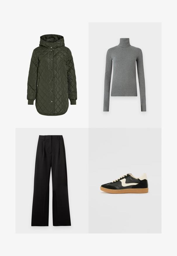 Chaqueta acolchada larga de color verde oliva con capucha, botones a presión y puños acanalados. Presenta una tela suave y texturizada con un patrón de diamantes.; Sudadera de cuello alto gris hecha de una tela suave y elástica. Mangas largas, diseño ajustado, textura mínima, sin patrones visibles ni piezas metálicas.; Pantalones de pierna ancha en negro, con una textura suave, que presentan pliegues frontales, una cinturilla plana y presillas para cinturón. Diseño simple y ajustado.; Zapatillas de deporte de ante y cuero negro con un swoosh lateral en crema y un talón en crema claro. Presenta cordones beige y una suela de goma marrón.