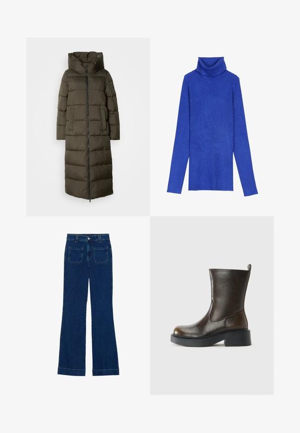 Lång, olivgrön puffjacka med huva, med dragkedja framtill, sidfickor och kviltat mönster. Mjuk textur, medellång.; Royalblå ribbad polotröja gjord av texturerad tyg med långa ärmar och ett vikbart krage, med en smal passform.; Mörkblå jeans med utsvängd benform och en slät textur, fem fickor och knäppning i midjan.; Mörkbrun läderstövel till mitten av vaden med rund tå, tjock svart sula, låg blockklack och dragflik bak.