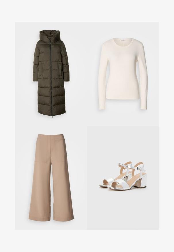 Garšs, olīvzaļš pūkains mētelis ar kapuci, ar rāvējslēdzēju priekšā, sānu kabatām un quilted dizainu. Mīksta tekstūra, vidēja garuma.; Ilgi piedurkņu t-krekls krēmkrāsas kokvilnā, ar apaļu izgriezumu, pieguļošu izskatu un nelielu logo detaļu tuvu apakšmalai. Gluda tekstūra.; Plati kāju bikses no gaiši bēša auduma. Aprīkotas ar divām priekšējām kabatām, plakanu jostasvietu un gludu tekstūru ar šūtu apdari.; Sudraba augstpapēžu sandales ar atvērtām pirkstiem, ar divām platām siksnām un noapaļu blokpapēdi. Gluda tekstūra ar metalizētu apdari.