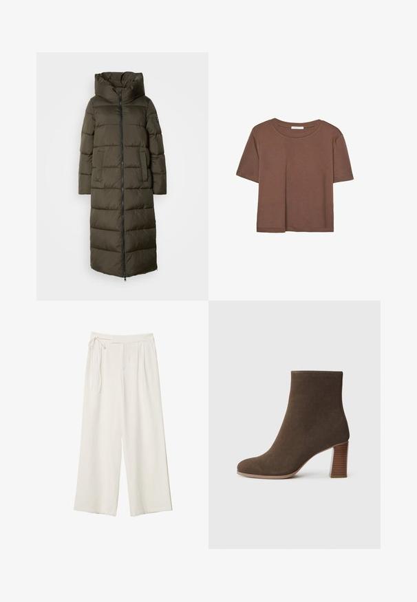 Lång, olivgrön puffjacka med huva, med dragkedja framtill, sidfickor och kviltat mönster. Mjuk textur, medellång.; Brun kortärmad t-shirt i mjukt tyg, med rund halsringning och avslappnad passform. Inga synliga mönster eller detaljer.; Vidbenade byxor i off-white tyg med en mjuk textur. Har en knytt midja och plisserad framdel, designade för en avslappnad passform.; Brun mockaskinns ankelboot med rund tås och en staplad, texturerad klack. Slät yta utan synliga knäppningar eller dekorationer.