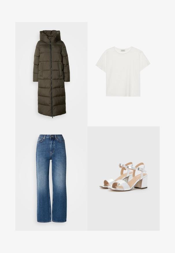 Lang, olivgrønn dunjakke med hette, med glidelås foran, sidelommer og quiltet design. Myk tekstur, midtlengde.; Hvit T-skjorte med kort erm laget av myk bomull. Har rund hals og avslappet passform. Rent design uten synlige mønstre eller aksenter.; Høytlivde, vide ben, blå denimjeans med gradientvask, kobbersting, frontlukking med knapp og fem lommer.; Sølv høyhælte sandaler med åpne tær, med to brede reimer og en rund blokkhelt. Glatt tekstur med metallisk finish.