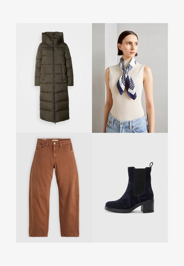 Pikk, oliivroheline puffer-jakk kapuutsiga, millel on lukk ees, küljetaskud ja tikandmuster. Pehme tekstuur, keskelt pikk.; Kaks pikka varrukatega kõrge kaelusega toppi: üks valge ja teine roostespruun, valmistatud kergest ja venivast kangast, millel on keha lähedane lõige.; Rostpruun sirged püksid ees- ja taga-taskutega, metallist nurgad, nööbiga sulgemine ja vööloopidega, lamades tasaseks valgel taustal.; Tumedat siniset nahast sääre pooled saapad elastse külgpaneeliga, ümmarguse ninaga ja blokkninaga. Tekstuuriga kangas ja siledad tallad lisavad kontrasti.; Soehkle riidekaela sinine ja valge siidist sall, millel on geomeetriline zigzag muster. Sile tekstuur, kenasti kaela seotud, täiendab ribapinda.