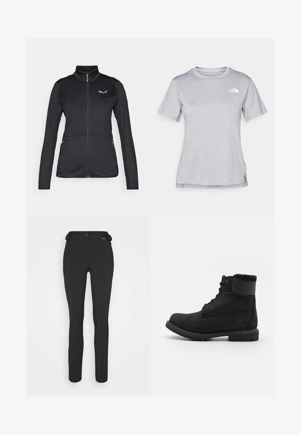 Svart mjukskaljacka med hög krage, kontrasterande orange dragkedja, texturerad tyg och två sidofickor med dragkedja. Har en logotyp på bröstet.; Grå kortärmad t-shirt i mjukt, fuktavledande tyg. Har en rund halsringning och en liten vit logotyp på övre vänstra sidan.; Svarta, åtsittande byxor tillverkade av ett flexibelt material. Funktioner inkluderar en ficka med dragkedja på sidan, artikulerade knän och en jämn yta.; Svart läderankelsk boot med rund tå, snörning fram, fuskpälskrage och gummisulor. Inkluderar en logotyp på sidan.