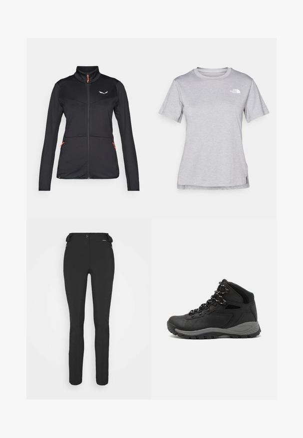 Juodas minkštas švarkas su aukštu apykakle, kontrastinga oranžine užtrauktuku, tekstūruota medžiaga ir dviem šoninėmis užtrauktuko kišenėmis. Yra logotipas ant krūtinės.; Pilkas trumpomis rankovėmis marškinėliai, pagaminti iš minkštos, drėgmę sugeriančios medžiagos. Turi apvalią iškirptę ir mažą baltą logotipą viršutiniame kairiajame kampe.; Juodos, prigludusios kelnės, pagamintos iš lankstaus medžiagos. Ypatybės: šoninis kišenės užtrauktuku, suformuotos kelių sritys ir lygi tekstūra.; Juodas žygio botas su vidutinio aukščio dizainu, pasižymintis tekstūruota viršutine dalimi, pilkų akcentų ir patvaria guma padanga su sukibimo gumbais.