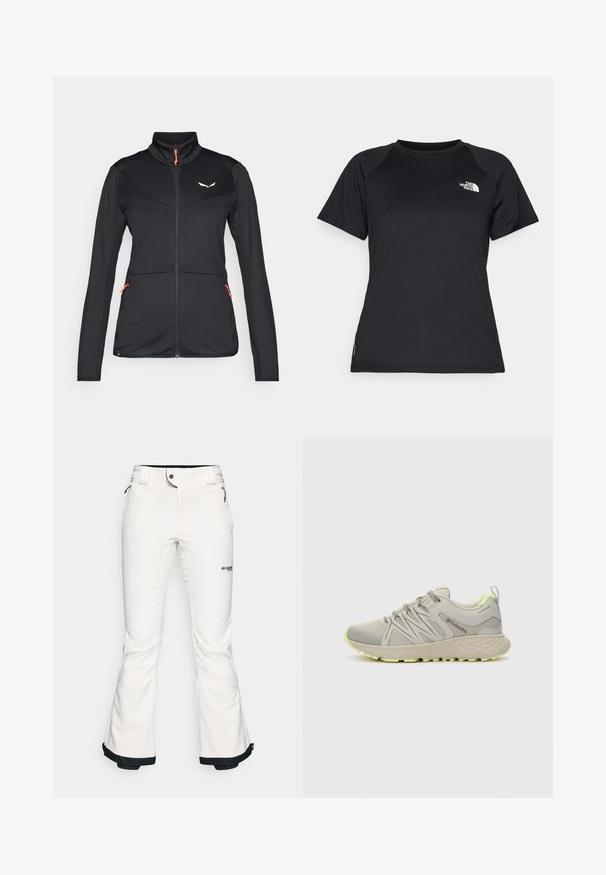 Giacca softshell nera con collo alto, zip arancione a contrasto, tessuto texturizzato e due tasche laterali con zip. Presenta un logo sul petto.; T-shirt atletico nero a maniche corte con collo rotondo e il logo The North Face sul lato sinistro del petto.; Pantaloni da sci bianchi realizzati in materiale morbido e flessibile. Presentano una vita aderente, gambe ampie e svasate, con rifiniture nere ai polsini. Logo del marchio visibile.; Columbia PEAKFREAK - Scarpa da hiking - dove/citron haze