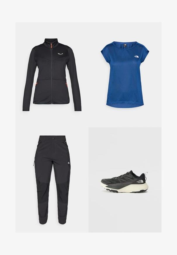 Crna jakna od softshella s visokim ovratnikom, kontrastnim narančastim patentnim zatvaračem, teksturiranom tkaninom i dva bočna džepa s patentnim zatvaračem. Ima logotip na prsima.; The North Face TANKEN TANK - Sportska majica - estate blue/light heather; Crne vanjske hlače izrađene od izdržljivog materijala. Imaju džepove sa zatvaračem, ojačane paneli na koljenima i ravni kroj za slobodu pokreta.; Crna atletska cipela s teksturiranim gornjim dijelom, sivim detaljima i bijelim međuslojem. Ima držač i istaknutu marku na peti.