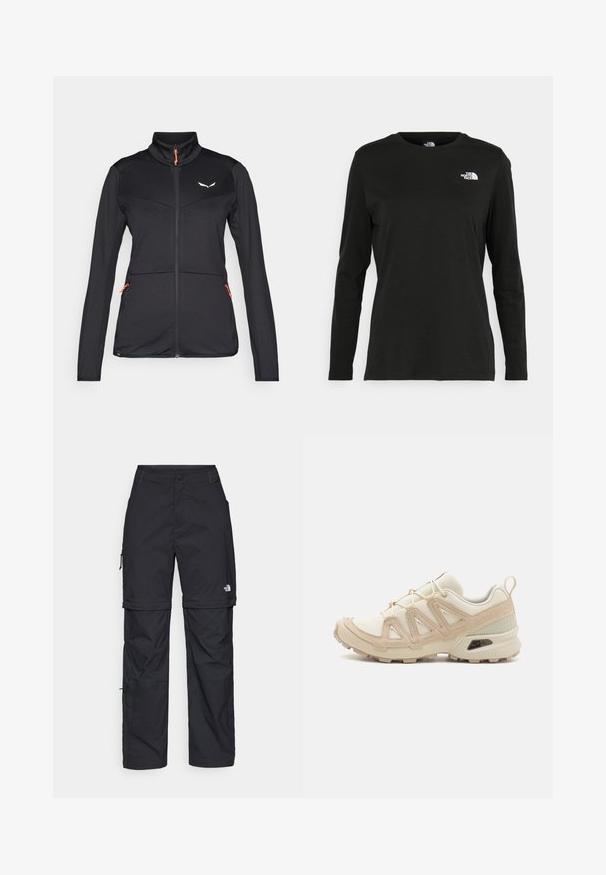 Sort softshell-jakke med højt krave, kontrastfarvet orange lynlås, struktureret stof og to sidelommer med lynlås. Har et logo på brystet.; Sort langærmet t-shirt lavet af bomuld med rund hals. Har et lille hvidt logo på venstre brystområde. Enkel design og pasform.; Sorte nylon cargo bukser med lynlås, justerbare manchetter, flere lommer og et logo på højre ben. Glat, let tekstur.; Beige og creme atletiksko med struktureret mesh-overdel, støttende overlays og gummiyderside med et mønster for trækkraft.