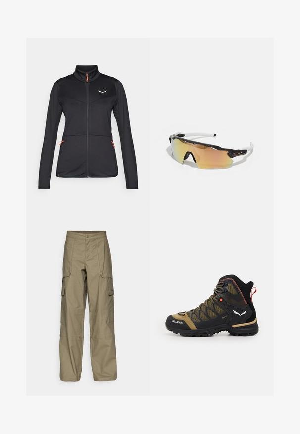 Black softshell jacket with a high collar, contrasting orange zipper, textured fabric, and two side zip pockets. Features a logo on the chest.; Black cotton t-shirt featuring a crew neckline and short sleeves. Notable white logo on the upper left side. Smooth texture, casual fit.; Cargo pants in olive green fabric, featuring a loose fit, multiple side pockets, and a button closure at the waist. Smooth texture.; Mid-height hiking boot in black and olive green, featuring a mesh upper, rubber sole, and textured accents with a rear pull tab.; Sunglasses with a black and white frame, large mirrored lenses in gold and pink hues, aerodynamic design, and an extended outer rim.