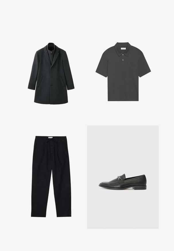 Ciemnoszary wełniany płaszcz o przemyślanym kroju, z wciętymi klapami, trzema guzikami, bocznymi kieszeniami i zapinanym na zamek wnętrzem kołnierza.; Ciemnoszara koszulka polo z tradycyjnym kołnierzykiem, zapięciem na trzy guziki, krótkimi rękawami i kieszonką na lewej piersi. Gładka faktura materiału.; Pier One - Chinosy; Czarne skórzane mokasyny o gładkim wykończeniu, z haftowanym wzorem i dekoracyjnym akcentem z metalowego łańcucha na wierzchu. Płaska pięta.