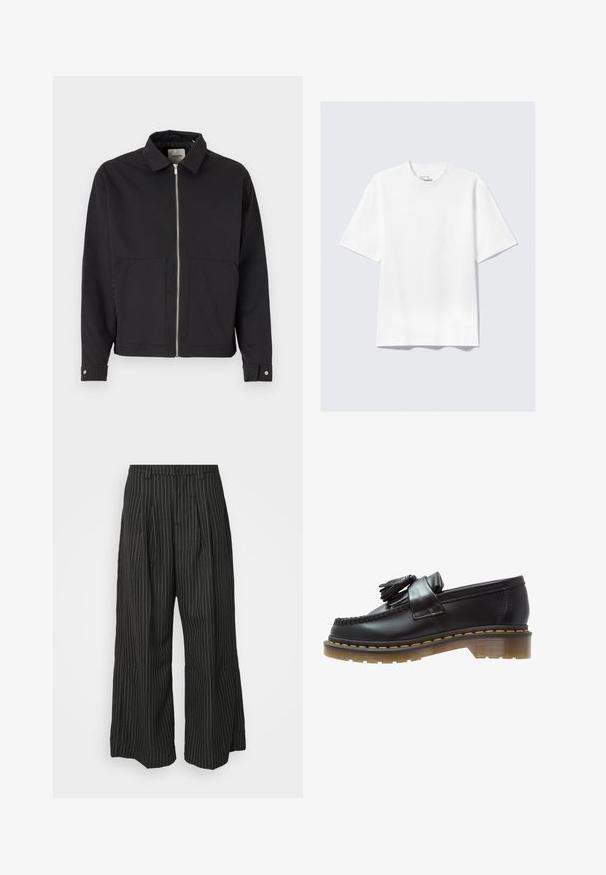 Black jacket with a collared neckline, front zipper closure, two large front pockets, and snap-button cuffs. Made of smooth fabric.; Plain white short-sleeve relaxed-fit T-shirt laid flat on light gray background.; Black pinstriped wide-leg trousers with pleats, featuring a tailored design and a soft texture. No visible hardware or accents.; Black leather loafers with a textured finish, featuring a decorative tassel and contrasting yellow stitching, on a chunky, transparent sole.
