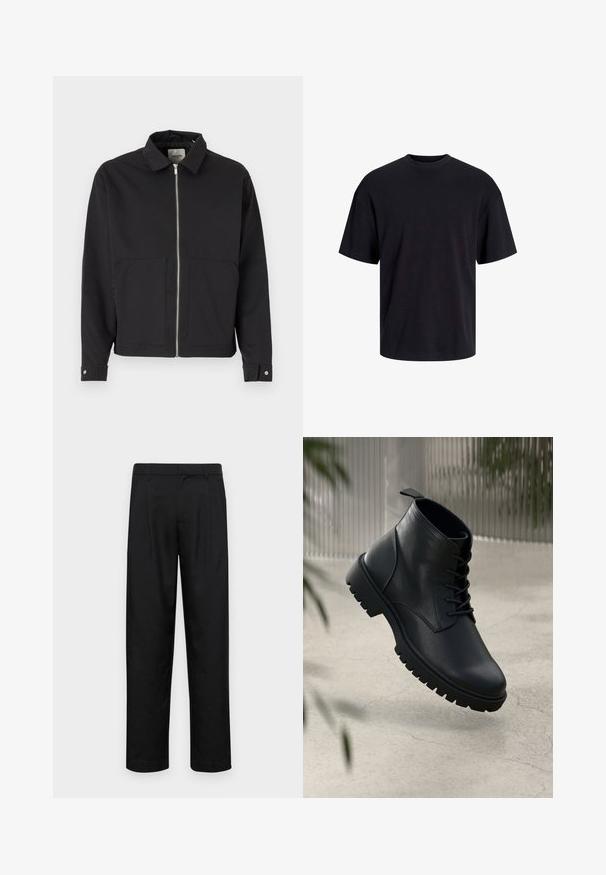 Czarna kurtka z kołnierzykiem, z przodu na zamek, z dwoma dużymi kieszeniami z przodu i mankietami zapinanymi na zatrzask. Wykonana z gładkiego materiału.; Czarna bawełniana koszulka z okrągłym dekoltem, krótkimi rękawami i luźnym krojem. Gładka tekstura, bez widocznych wzorów czy akcentów.; Czarne spodnie wykonane z gładkiego materiału, z prostą nogawką, dwoma fałdami z przodu oraz standardowym paskiem z wypustkami na pasek.; Czarne skórzane botki na kostkę z okrągłym noskiem, sznurowanym zapięciem i solidną gumową podeszwą. Gładka struktura z pętelką z tyłu.