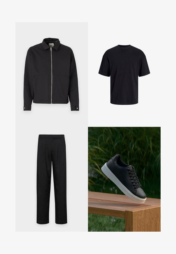 Črna jakna s ovratnikom, sprednjim zadrgo, dvema velikima sprednjima žepoma in zapenjanjem na gumb. Narejena iz gladkega materiala.; Črna bombažna majica s krojačkom izrezom, kratkimi rokavi in sproščenim krojem. Gladka tekstura in brez vidnih vzorcev ali poudarkov.; Črne hlače iz gladkega materiala, s krojem ravne noge, dvema sprednjima pregiboma in standardnim pasom z zankami za pas.; Črne usnjene teniske z gladko teksturo, bela gumijasta podloga in šest lukenj za vezalke, prikazane na leseni površini.