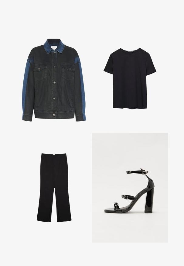 Ciemnoniebieska kurtka dżinsowa z jasnoniebieskim akcentem na rękawach, z zapinanym przodem na guziki, dwoma kieszeniami na piersi i klasycznym kołnierzem.; Prosta, krótko rękawowa czarna koszulka bawełniana z okrągłym dekoltem, prezentowana na białym tle.; Czarne spodnie o prostym kroju, z przednimi kieszeniami i bocznymi rozcięciami na dole. Wykonane z miękkiego, gładkiego materiału. Odpowiednie na różne okazje.; Czarne lakierowane sandały na obcasie z kwadratowym noskiem, z paskami wokół kostki i srebrnymi klamrami. Posiadają masywny słupek dla stabilności.