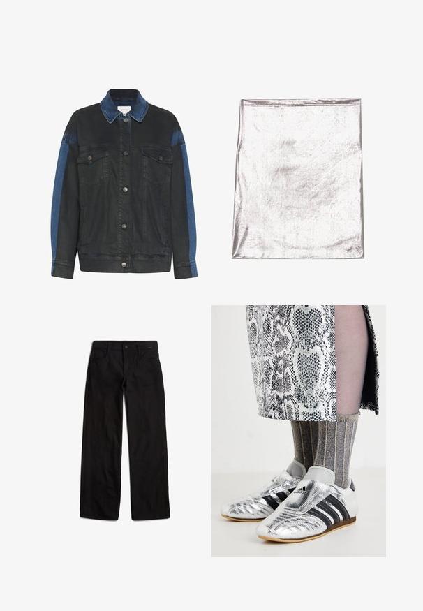 Tummansininen farkkutakki, jossa on vaaleansininen korostus hihoissa. Takissa on napitettava etuosa, kaksi rintataskua ja klassinen kauluksen muotoilu.; Metallinhohjene kangas, jolla on sileä pinta ja kevyt kiilto. Suorakulmainen muoto, reunat on siististi ommeltu, ei merkittäviä kuvioita tai yksityiskohtia.; Mustat farkkushortsit suoran lahkeen leikkauksella, edessä nappikiinnitys ja viisi taskua. Silkkinen pinta ja vähäiset ompeluyksityiskohdat.; Hopeapohjaiset jalkapallokengät mustilla raidoilla ja tyylikkäällä muotoilulla, yhdistettynä teksturoituihin harmaisiin ja kultaisiin ribbisiin sekä kuviolliseen hameeseen.