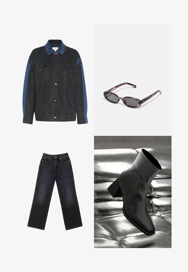 Temno moder jeans jakna z svetlo modrim akcentom na rokavih, z zapenjanjem na gumbe, dvema žepoma na prsih in klasičnim oblikovanjem ovratnika.; Dva dolgih rokavov majic, ena črna in ena bela, narejeni iz mehkega bombažnega materiala, s okroglimi izrezi in skrajšano zasnovo.; Visoke črne-denim hlače z širokim krojem, zasnovane s petimi žepi in vidnimi šivi. Tkanina ima gladek, rahlo teksturiran videz.; Črne gležnjarje iz sijočega materiala s kvadratnim prstom in zoženim peto, postavljene na sijoče srebrno oblazinjeno ozadje.; Ovale sončna očala z marmoriranem vijoličastim okvirjem, temnimi lečami in drobnimi ročaji, ki imajo majhen zlati logotip.; Zign LEATHER - Torbica - dark red