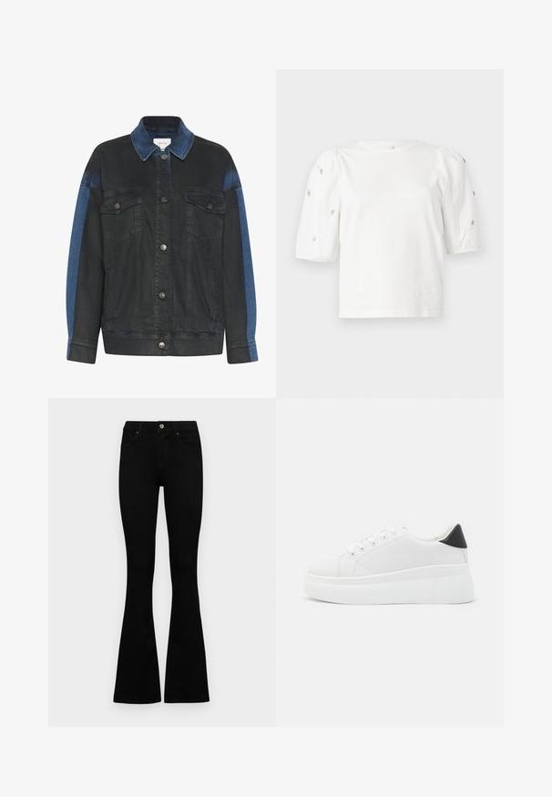 Sötét farmerdzseki világoskék díszítéssel a karokon, gombos elülső részével, két mellzsebével és klasszikus galléros kialakítással.; Fehér pamut póló rövid puffos ujjakkal, a ujjain kicsi ezüst díszítések találhatók. Klasszikus kerek nyakú, laza fazonú.; Fekete, magas derekú farmernadrág gomb- és cipzárzárral, elülső zsebekkel és harangszárral, laposan egy fehér háttérre terítve.; Fehér platform sportcipők sima szintetikus anyagból, lekerekített orral, fűzős kialakítással és texturált gumitalppal. Fekete sarokdísz.