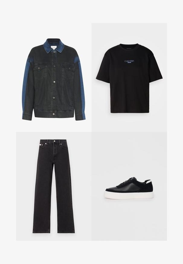 Jachetă din denim închis cu un accent bleu deschis pe mâneci, dotată cu închidere cu nasturi, două buzunare pe piept și un guler clasic.; Tricou din bumbac negru cu guler rotund, mâneci scurte și logo-ul brodat în albastru "Calvin Klein JEANS" pe față.; Jeanși negri cu picioare largi, fabricați din denim, cu talie înaltă, stil cu cinci buzunare și închidere cu nasture metalic, cu cusături contrastante.; Sneaker negru cu piele netedă și panouri din întăritură, șireturi plate, vârf rotund și talpă din cauciuc alb. Logo distinct pe călcâi.
