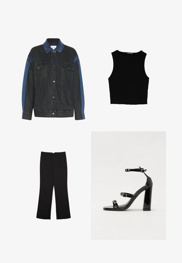 Ciemnoniebieska kurtka dżinsowa z jasnoniebieskim akcentem na rękawach, z zapinanym przodem na guziki, dwoma kieszeniami na piersi i klasycznym kołnierzem.; Czarny bezrękawnik crop top z gładkiego materiału, z okrągłym dekoltem i czystym, prostym wzornictwem, bez wzorów czy metalowych elementów.; Czarne spodnie o prostym kroju, z przednimi kieszeniami i bocznymi rozcięciami na dole. Wykonane z miękkiego, gładkiego materiału. Odpowiednie na różne okazje.; Czarne lakierowane sandały na obcasie z kwadratowym noskiem, z paskami wokół kostki i srebrnymi klamrami. Posiadają masywny słupek dla stabilności.
