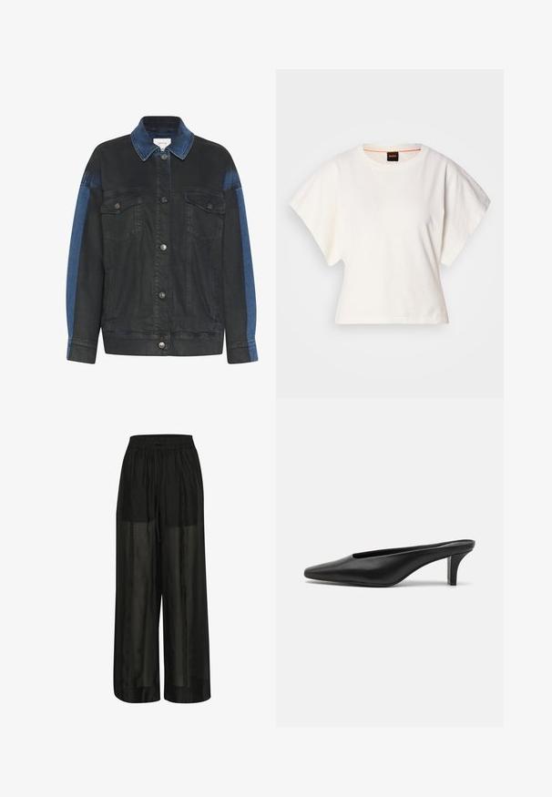 Ciemnoniebieska kurtka dżinsowa z jasnoniebieskim akcentem na rękawach, z zapinanym przodem na guziki, dwoma kieszeniami na piersi i klasycznym kołnierzem.; Biała, krótka koszulka z szerokimi rękawami, wykonana z miękkiej bawełny, okrągły dekolt z delikatnym pomarańczowym wykończeniem, minimalistyczny design, bez wzorów i grafik.; Czarne spodnie szerokie, wykonane z przejrzystego materiału, z elastyczną talią i sznurkiem do regulacji, charakteryzujące się gładką teksturą.; Czarne skórzane mule z ostrym noskiem i niskim obcasem w szpilkach. Gładka tekstura, minimalistyczny design i otwarty tył dla łatwego zakładania.