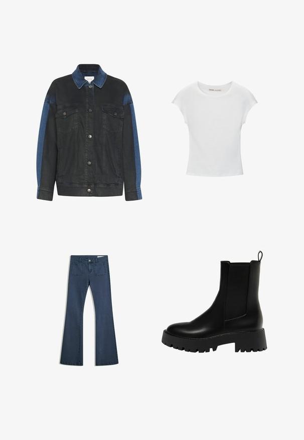 Tamno plavi traper jakna s svijetloplavim detaljima na rukavima, s kopčanjem na dugmad, dva prsna džepa i klasičnim dizajnom ovratnika.; Bijela pamučna majica s okruglim izrezom, kratkim rukavima i prilagodljivim krojem. Glatka tekstura bez uzoraka ili ukrasa.; Tamno plavi traperice s izrezanim nogavicama, šivanim džepovima, kopčanjem na dugme i glatkom teksturom. Imaju klasičan dizajn s pet džepova.; Crne kožne gležnjače s teksturiranim bočnim panelom, okruglim vrhom i debelim platformom s uzorkom zupčanika.